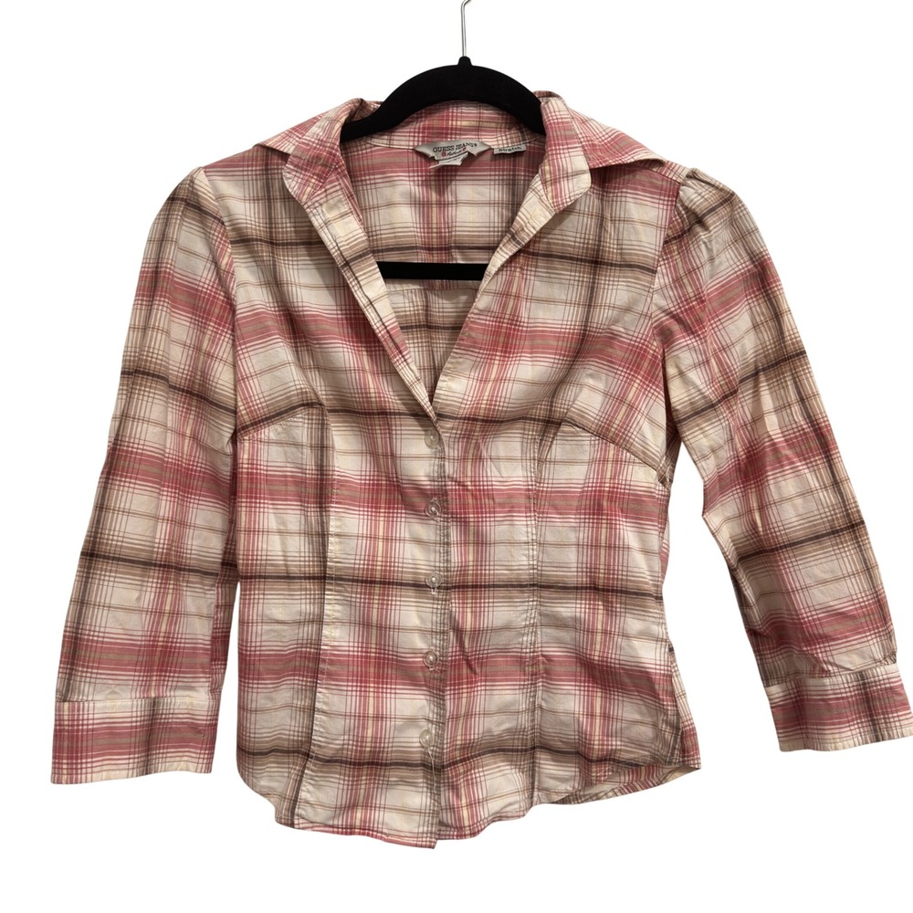 Guess Jeans Y2K Plaid Button Up Shirt XS Pink Brown Cotton‎ Stretch Coquette